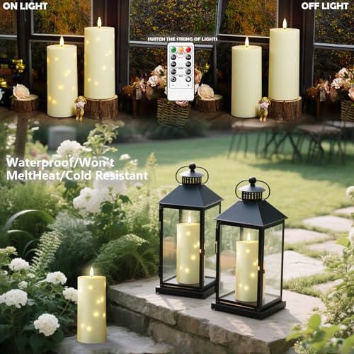 Image of kakoya 10 inch x 4 inch Large Outdoor Waterproof Flickering Flameless Candles with Timer,2Pcs Battery Operated LED Pillar Candles with Embedded Star String for Outdoor Lanterns,Porch,Patio Decor(Ivory)