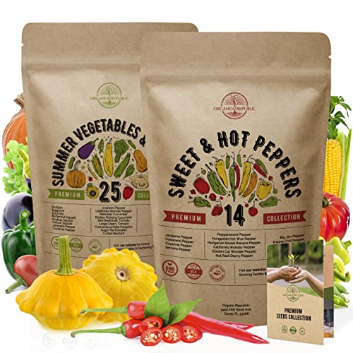 25 Summer Vegetable & 14 Hot and Sweet Pepper Seeds Variety Packs Non-GMO Heirloom Seeds for Planting Indoor and Outdoor. Over 3200 Seeds.