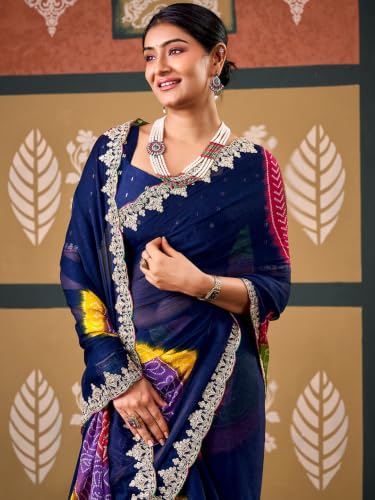 Image of SIRIL Women's Chiffon Bandhani Printed Saree, Sequence Embroidery Border