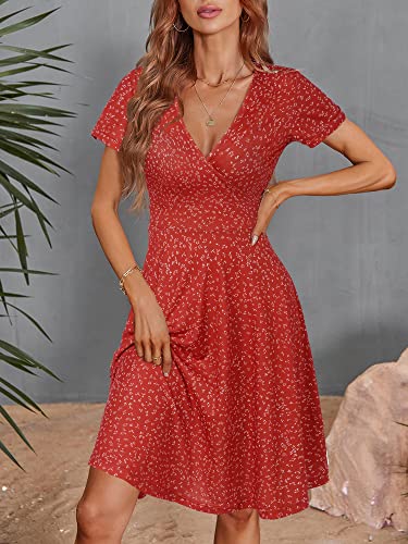 Image of MSBASIC Womens Summer Wrap V Neck Casual Dresses Floral Short Sleeve A-Line Midi Sundress