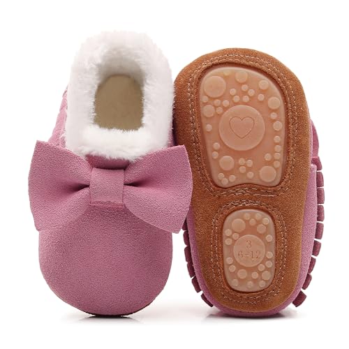 HONGTEYA Baby Moccasins with Fur Fleece Rubber Soles Warm Snow Boots Leather Baby Shoes for Boys Girls…