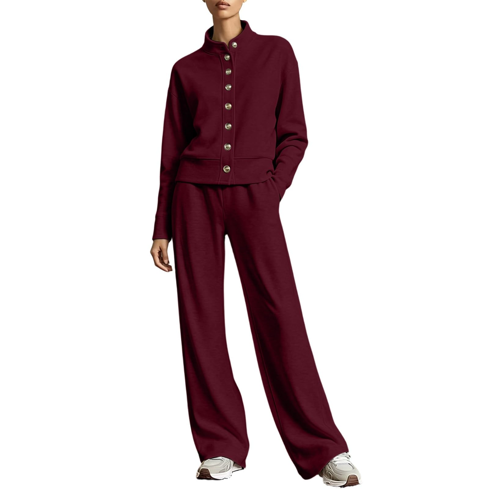 Set da 2 pezzi da donna autunno inverno sottile foderato in pile tute a maniche lunghe felpa con bottoni a gamba larga pantaloni jogger casual sciolto collo a lupetto tuta calda accogliente loungewear