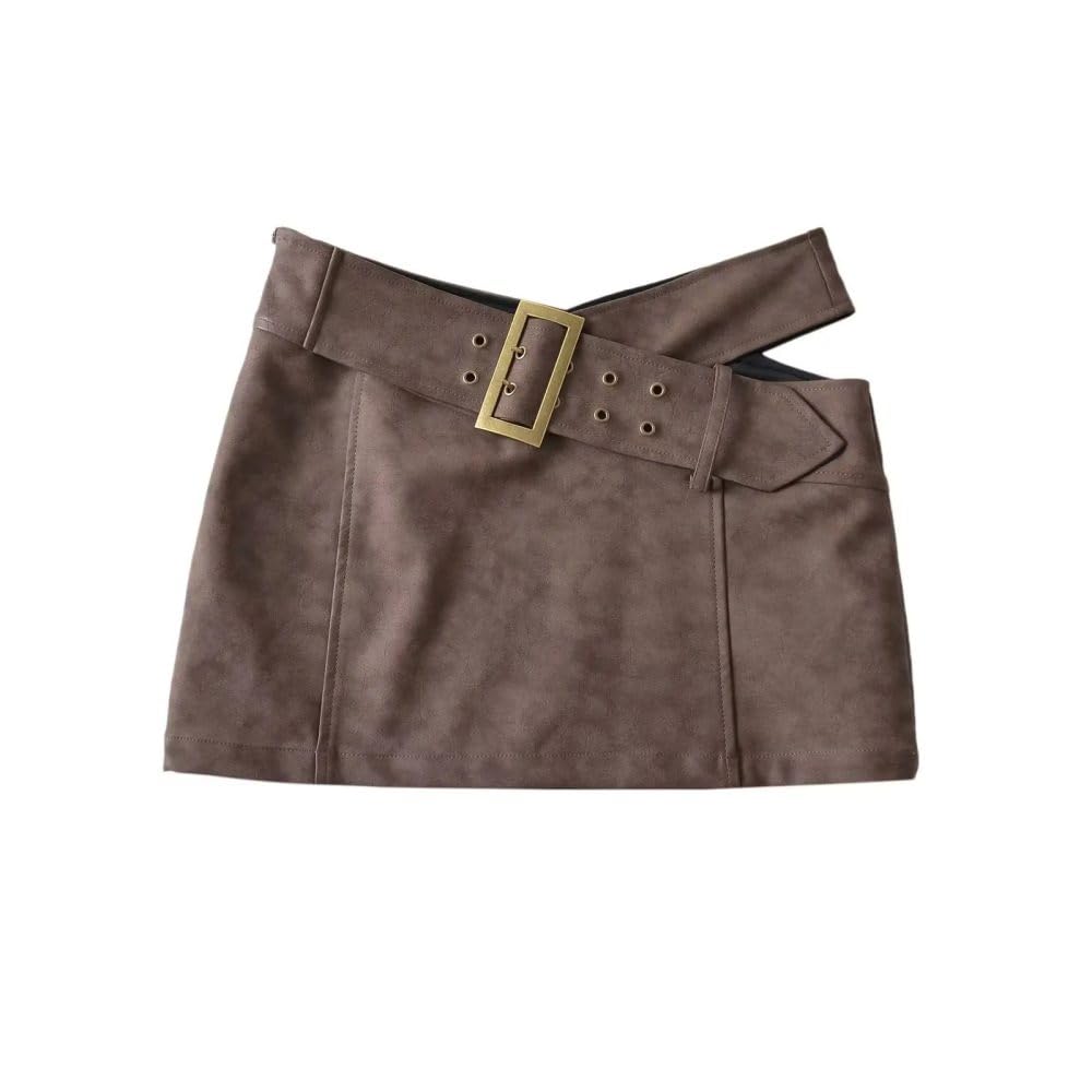 Falda Corta De Mujer - Mujer Moda Sólido Envuelto Cadera Falda De Cuero De Talle Alto con Cinturón Ahueca hacia Fuera Los Fondos Vintage