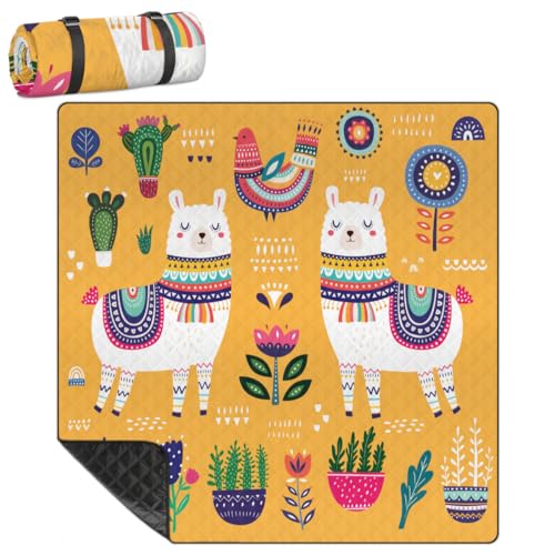 Shimoshe Extra Large Picnic Blankets 79”x 79”, Cactus Flower Bird Alpaca Waterproof Foldable Picnic Mat with Straps Portable Beach Blanket for Camping Park Grass Beach Indoor