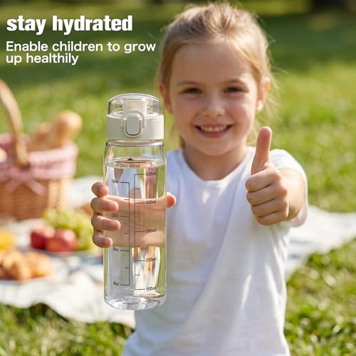 Image of GOPPUS 20oz Kids Water Bottle with Time Marker & Handle, Tritan BPA-Free, Reusable Leakproof Anti-Dust Everyday, Clear Kids Water Bottles For School,Car Travel, Gifts Boys Girls(White)
