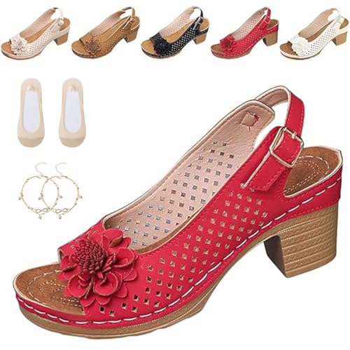 Buckled Square Heel Sandals for Women, Summer Fashion Peep Toe Square Heels Low Slingback Dress Sandal Wedge Shoes Dressy