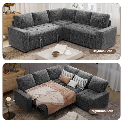 Image of Vipbear Chenille 80 Inch Modular Sectional Sofa with Pull Out Bed, L Shaped 5 Seat Sectional Sofa with USB Ports /Reclining Backrest /Storage Seats, Tool-Free Assembly, Couches for Living Room Dark Grey