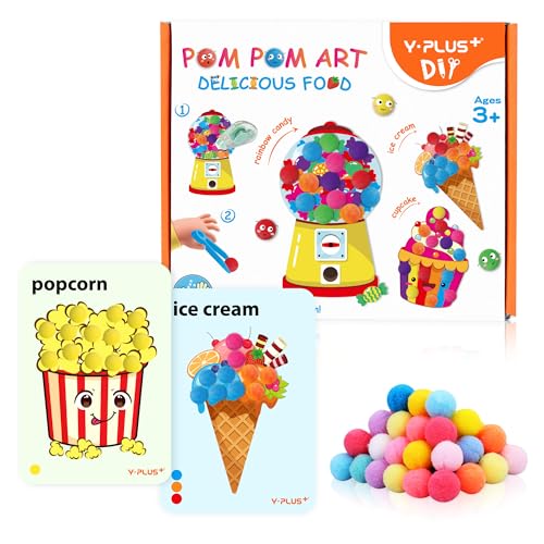 YPLUS Pompoms Art Crafts Kits, Toddler DIY Sensory Montessori Activities Box for Kids Ages 3+, Finger Motor Art Supplies - Theme Food