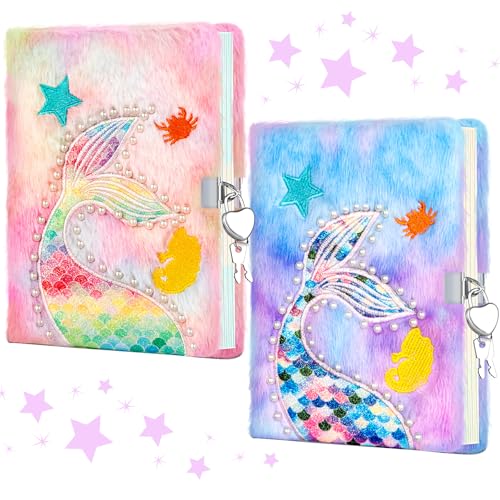 Diario de sirena para niñas con cerradura y llaves, cuaderno secreto esponjoso para escribir y dibujar, 320 páginas a rayas, bonito diario secreto de felpa para niños, regalos para niñas mayores de 6