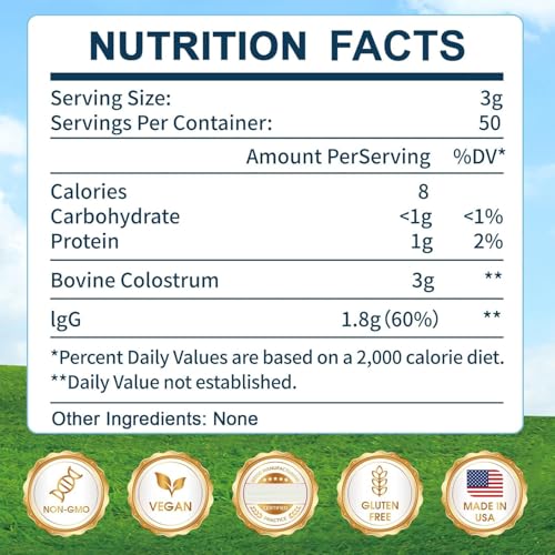 Image of Grass-Fed Bovine Colostrum Supplement Powder - 60% High IgG 3000 mg for Gut Health, Immune Support - Easy to Mix Natural Liposomal Colostrum Superfood, Unflavored, 50 Servings