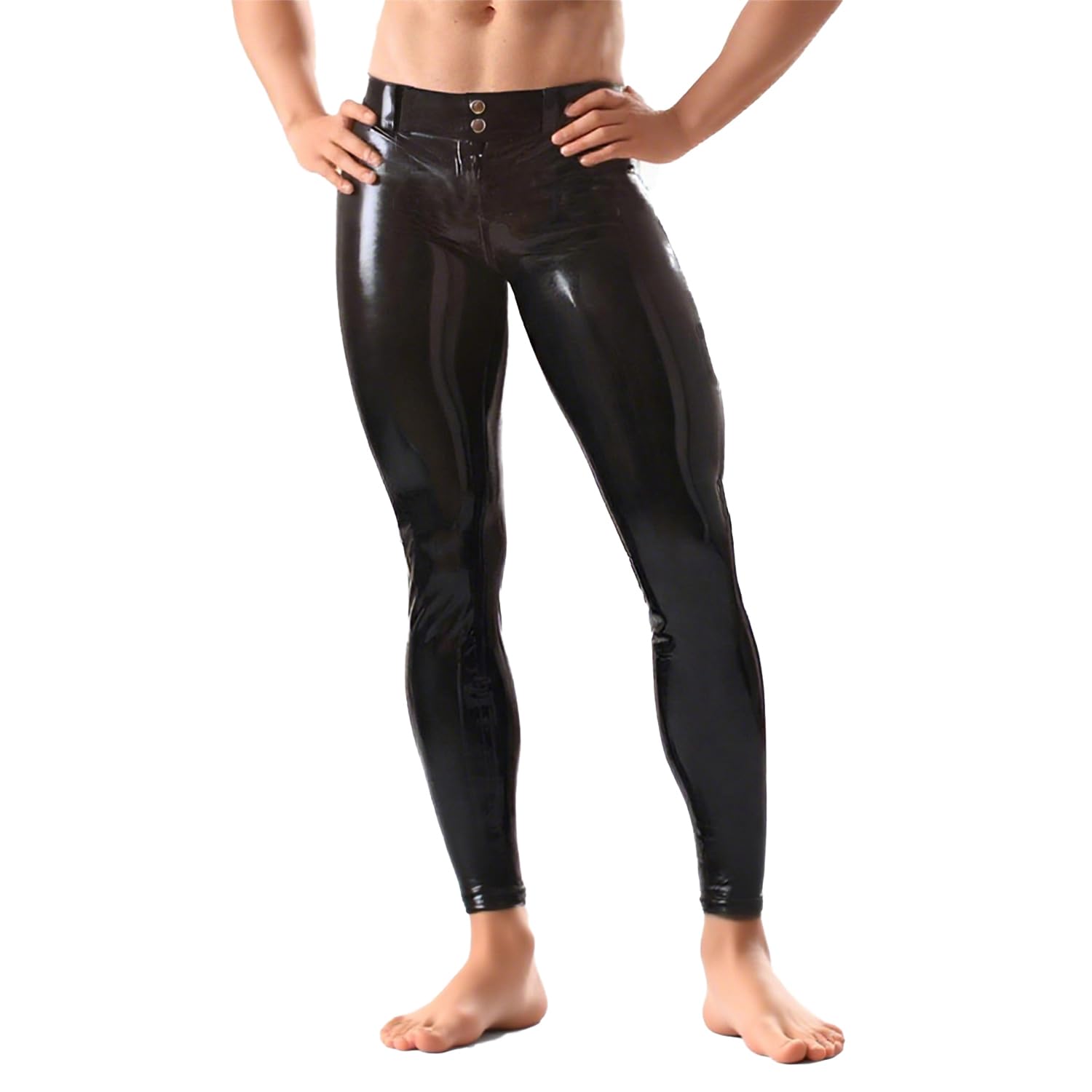 IOKUKI Leggings en Latex pour Hommes,Pantalons en Latex Noirs avec Boutons à La Taille (Chaussettes Non Incluses)
