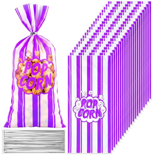 Image of Popcorn Bags Bulk Movie Night Pop Corn Plastic Bags for Popcorn Machine Pop Corn Snack Containers with Twist Ties for Carnival Graduation Party Supplies (Bright,Purple,200 Pcs)