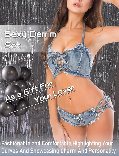 Women's Denim Bikini Set Adjustable Halter Neck with Cut-Out Shorts for Pool Party Nightclub Performanc S-L2