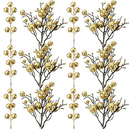 Chunyin Gold Glitter Picks for Christmas Tree, 30 Pieces Artificial Glitter Berries Stems Decorations 11.8 Inch and 6.3 Inch Artificial Picks for DIY Christmas Tree Ornaments