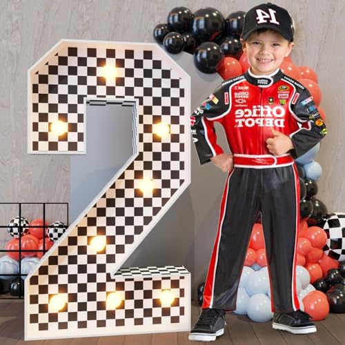 Image of Marquee Numbers Race Car Birthday-Decorations: 3ft Large Fast One Party Decor 2nd 12th Big Light Up Cardboard Number 2
