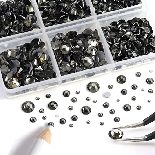 Image of Beadsland 8300PCS Flatback Rhinestones, Gray Rhinestone Round Crystal Rhinestones for Crafts, Mixed 10 Sizes with Wax Pencil and Tweezer Kit, SS3-SS30, Black Diamond