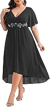 Plus Size Dresses Wedding Guest - Formal Cocktail Chiffon Appliques V Neck Ruffle Short Sleeve High Low Dress Women