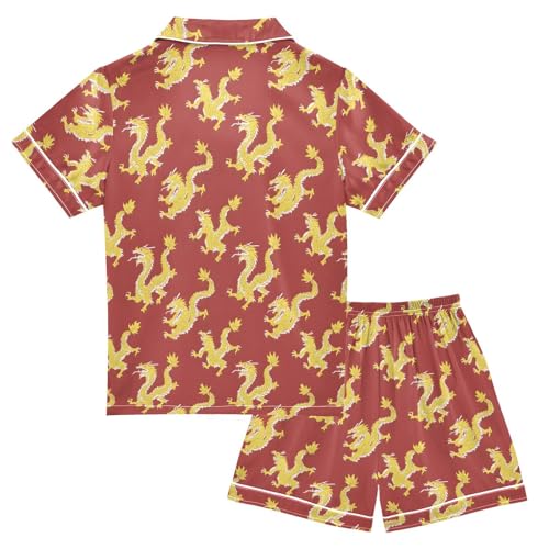 Dargon Pattern Pajamas Sets Short Sleeve Silk Stain Pjs Button Down Sleepwear for 5-14Y2