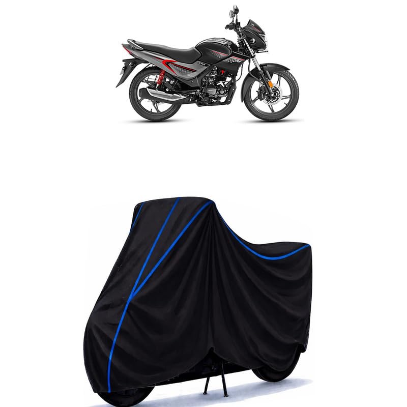 Image of Hero Glamour 125 E20 Bike Cover Water Resistant Universal Motorcycle Rain | Heavy Duty UV Protection, Dust, Scratch Indoor Outdoor All Weather with Black Blue Piping Elastic