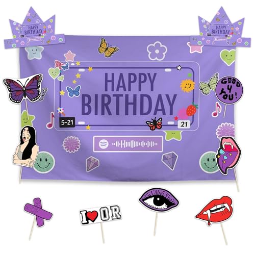 Allenjoy Purple Music Girl Birthday Party Decorations Set - 11 Piece Kit with 59x35 Backdrop 2 Headbands 8 Photo Booth Props Supplies Favors for Girls Fans Teens Daughter Women Decor