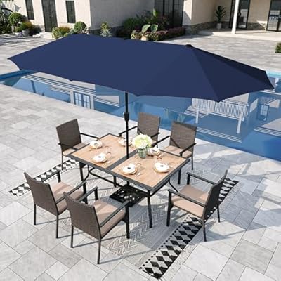 Sophia & William 7 Pieces Outdoor Patio Dining Set with 13ft Umbrella for 6 People, Patio Table and Cushioned Wicker Chairs Set with Navy Patio Umbrella, Faux Wood Tabletop