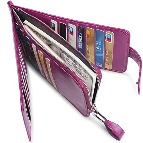 Huztencor Wallet for Women RFID Blocking Leather Credit Card Holder Card Wallet Card Cases Slim Multi Card Organizer Protector Long Wallet Purse Clutch with ID Window Oil Wax Leather Purple - Thumbnail 5