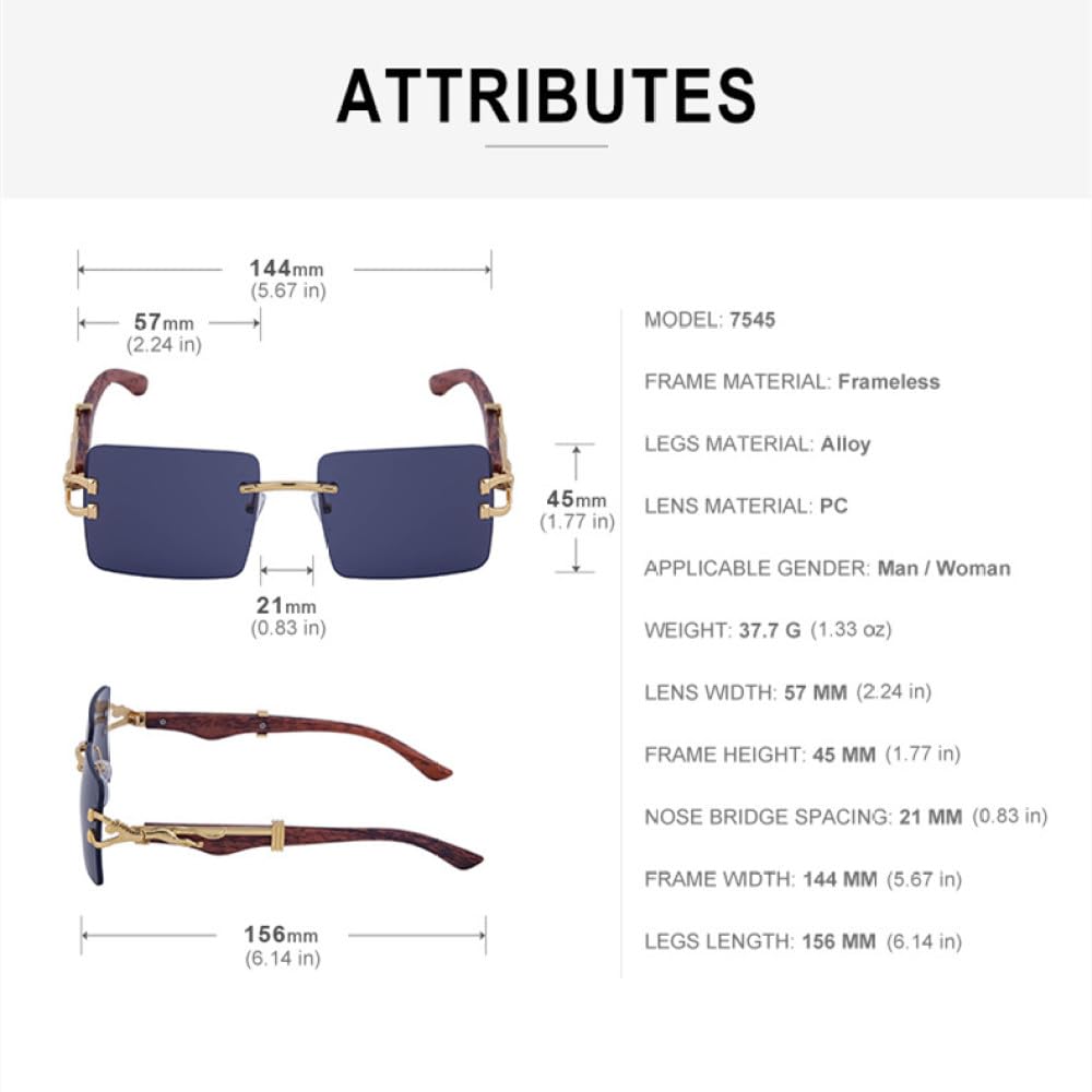 Holzsonnenbrille für Herren, quadratisch, randlos, Damen-Sonnenbrille, Holzmaserung, Vintage-Mode, Brille, Luxus-Retro