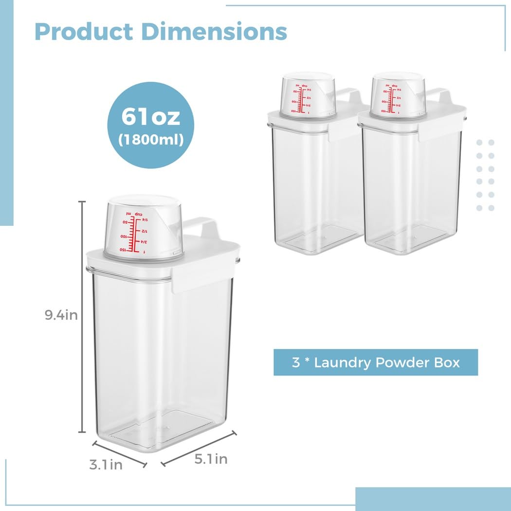 Confezione da 3 dispenser per detersivo per bucato, contenitori ermetici trasparenti per detersivi liquidi e in polvere, ammorbidenti e perline, con misurino e coperchio di tenuta