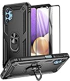 Aliruke Galaxy A32 5G Case with Tempered Glass Screen Protector and Magnetic Grip Ring Kickstand, Military Grade Protective Cover Finger Loop Stand Phone Cases for Samsung Galaxy A32 5G, Black