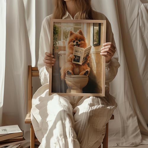 Image of Pomeranian on Toilet Wood Framed Wall Art Print Poster, Dog Bathroom Humor Decor Posters Prints for Restroom Home Picture Painting Artwork Gallery 7 (Pomeranian, 11 inchW x 14 inchL, Wood Frame)