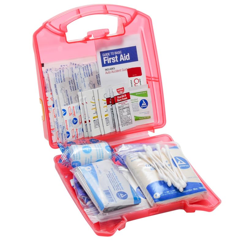 MFASCO First Aid Kit 10 Person, 96 Pieces, Plastic Box, Compact, Portable, Molded Carry Handle, Clear Pouches, Bulk Compartment, Wall Mountable, Home, Car, RV, Minor Emergencies - 7.5 x 6.75 x 2.5 in
