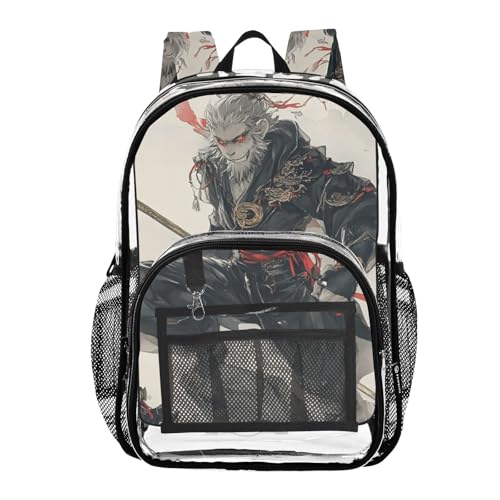 Monkey Warrior Red Clear Backpack, PVC Transparent Bag with Large Capacity for Boys, Girls, Men, Women, See Through Bookbag for School Work College Travel