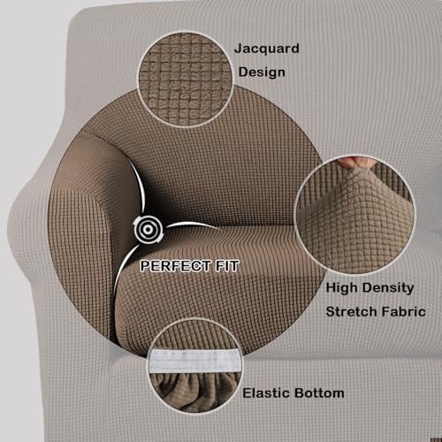 Image of Turquoize Stretch Sofa Slipcover 2 Pieces Sofa Cover Couch Cover for 3 Cushion Couch Washable Furniture Protector Covers with Elastic Bottom Feature Thick Jacquard Fabric (Sofa, Macchiato)