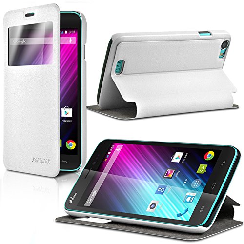 Seluxion - Housse Coque Etui S-View Fonction Support Couleur Blanc pour Wiko Lenny + Film de Protection