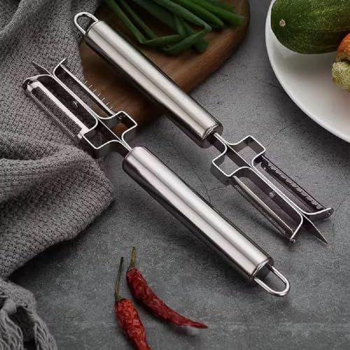 Image of Stainless Steel Julienne Vegetable Peeler Multi-Functional Fruit & Veggie Shredder Slicer and Grater for Potatoes, Carrots, Cucumbers (3-in-1 Julienne Serrated Peeler)