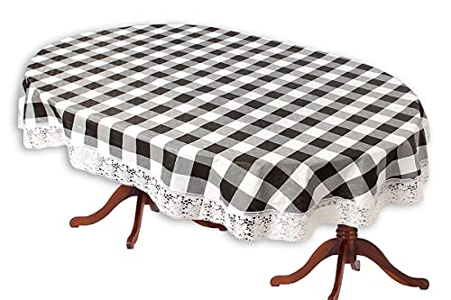 Image of The Furnishing Tree Waterproof PVC Oval Shaped 8 Seater Table Cover WxL 60x90 inches Gingham Pattern Black & White with White Border lace