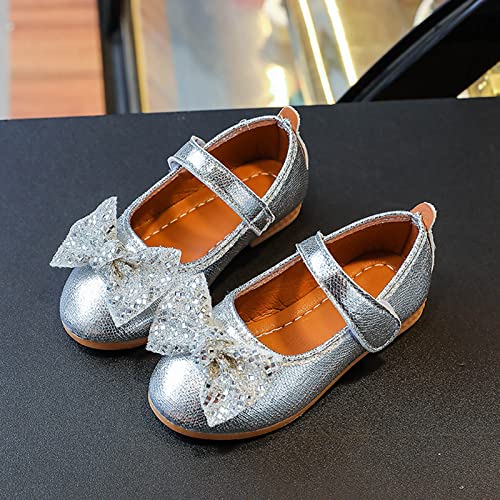 Fashion Autumn Girls Casual Shoes Flat Light Solid Color Sequin Bow Cute Shiny Dress Shoes Girls Mary Jane Shoes (Silver, 6-7 Years Little Child)2