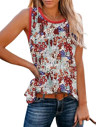 KISSMODA Womens Flora Print Tank Tops Ribbed Summer Shirt Sleeveless Summer Casual Women Blouses(S-3XL)