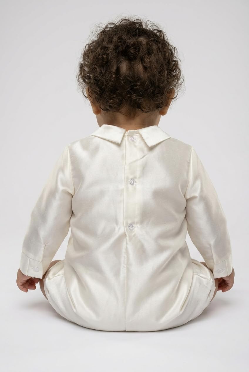 SIRRI Completo da Battesimo per Neonato Color Avorio, Composto da Tutina, Cappellino e Gilet Testurizzato.