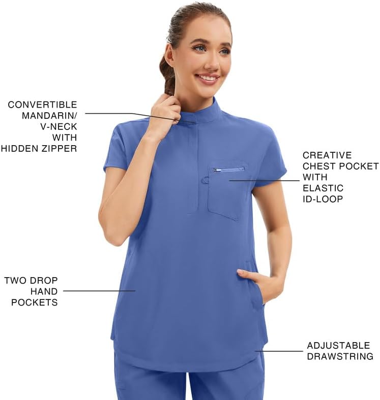 Kitmaz Women's Scrub Set - Convertible Mandarin/V-Neck Top & Jogger Pants, 9 Pockets, Wrinkle & Splash Proof