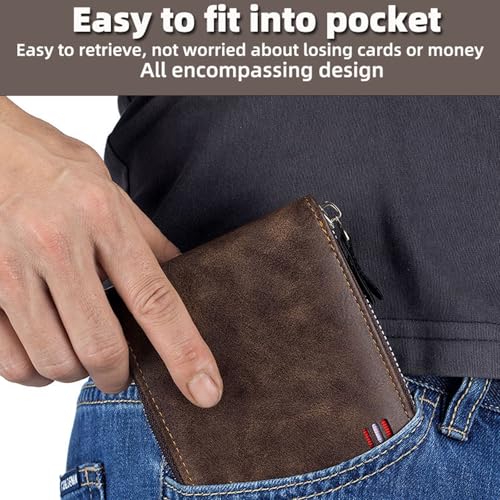 FULLBELL Vintage Leather Wallet for Men - 9 Card Slots & 2 ID Windows | Durable Stitching Zipper Design | Large Capacity Travel Wallet with Gift Box (Coffee) | Father’s Day Gifts.4