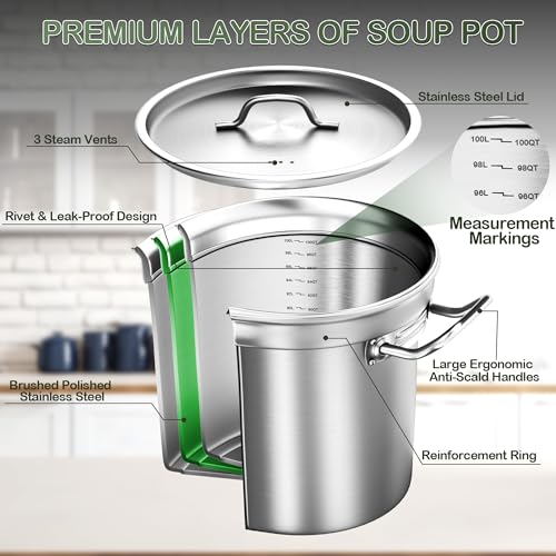Image of Stainless Steel Stock Pot,100 QT Large Stock Pot with Lid, Heavy Duty Tri-Ply Bottom Commercial Grade Stock Pots for Boiling Cooking Soup Stew Thick Bottom Big Stockpots, Deep Cookware
