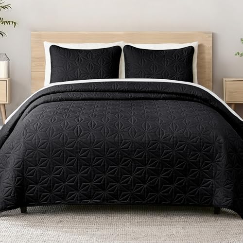 Whale Flotilla Couvre-Lit 260x280 cm avec 2 Taies d'oreiller, Dessus de Lit Gaufré Doux Léger avec Motif Géométrique pour 4-Saisons, Noir