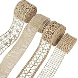 4 Rolls Natural Jute Burlap Ribbon - 1.5-1.8 Inch Wide x 2.2 Yards per Roll, Rustic Lace Ribbon for Gift Wrapping, Wedding Decor, DIY Bows, Wreaths, Holiday Crafts, Floral Arrangements and Home Decor