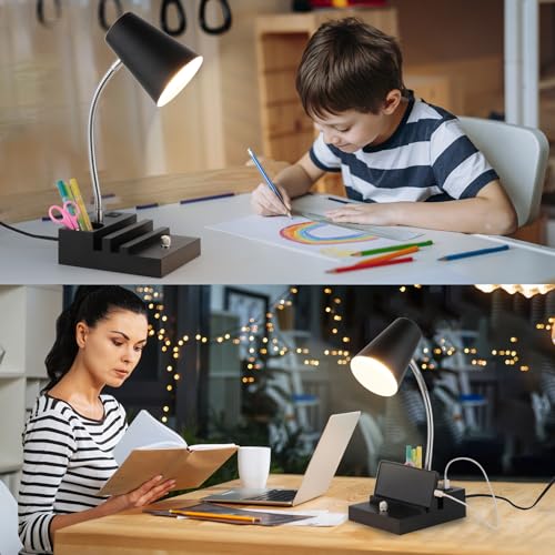 LALISU Study Desk Lamp with USB Charging and Type-C Night Light, Gooseneck LED Table Lamp Stepless Dimming Study Table Lamp with Pen Holder for College Dorm Bedroom and Office (Black) - Image 3