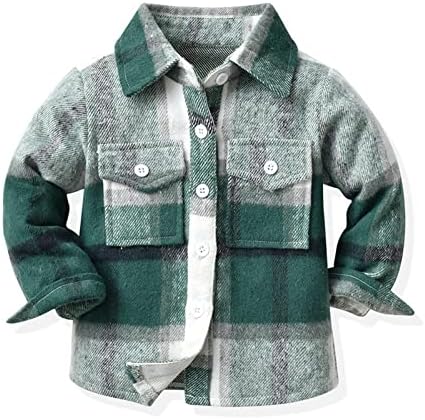 Green Long Sleeve Plaid Shirts for Boys Button Down Flannel Shacket Jackets Fall Winter Kids Tartan Coats 160CM(9-10 Years)
