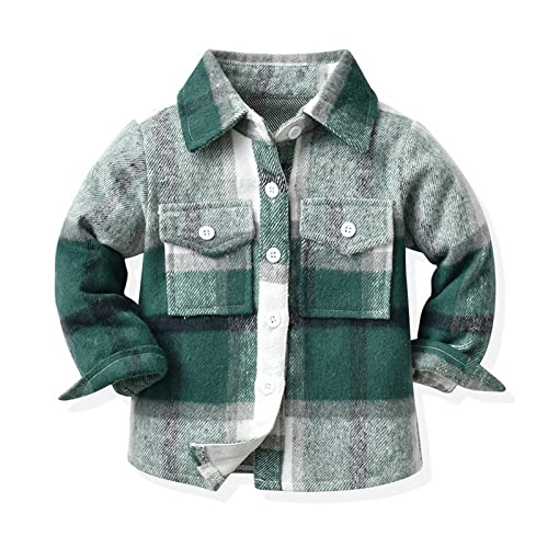 Green Long Sleeve Plaid Shirts For Boys Button Down Flannel Shacket Jackets Fall Winter Kids Tartan Coats 160Cm(9-10 Years) #TOP23