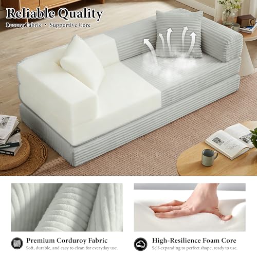 Image of Boneless Couch Futon Sofa Bed Sectional Couches for Living Room,Cloud Couch with Sleeper Sofa,Sofas for Living Room Oversized Corduroy Upholstered (Light Grey, 76 Inches (No Iron Frame))