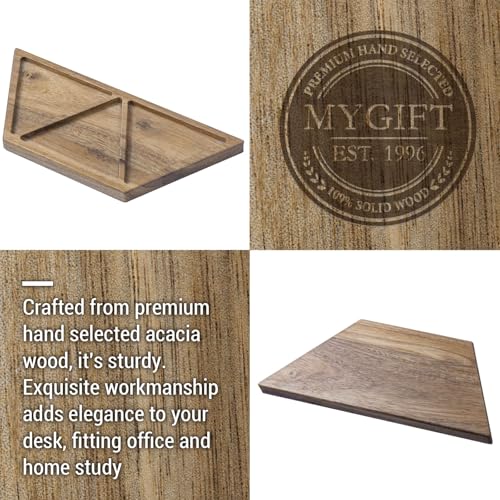Image of MyGift Modern Concrete Desk Organizer Set with 3 Triangular Gray-Tone Pen Holders and Acacia Wood Tray, 4-Piece Office Storage Solution for Pens, Pencils, and Supplies