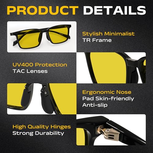 TR90 Square Black Frame Night Driving Glasses with Yellow Polarized Lens - Anti-Glare UV Protection for Drivers, Cycling & Outdoor Activities, Lightweight TR Frame Over Prescription Eyewear3